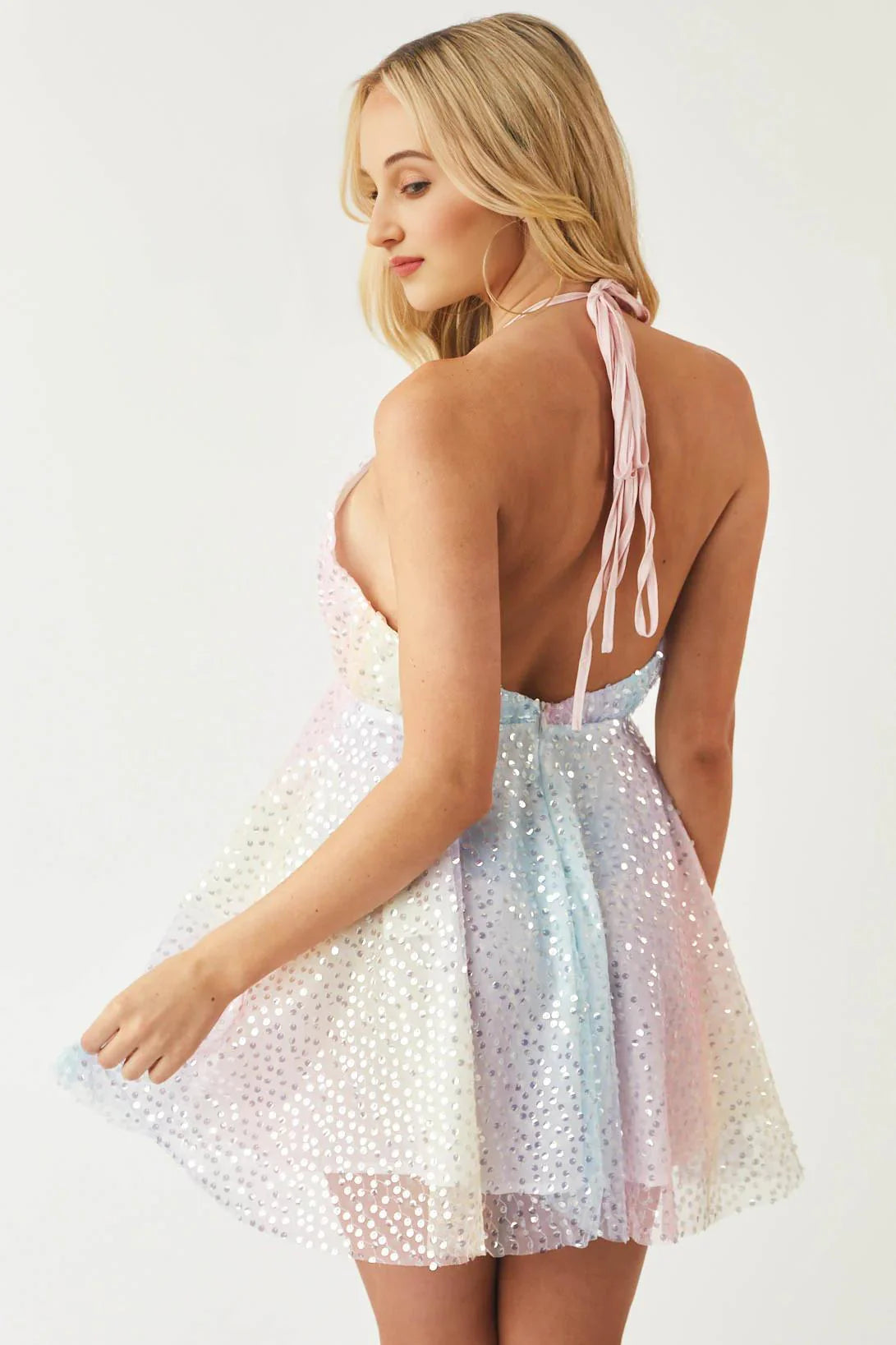 Pastel Rainbow Sequined Halter Neck Mini Dress