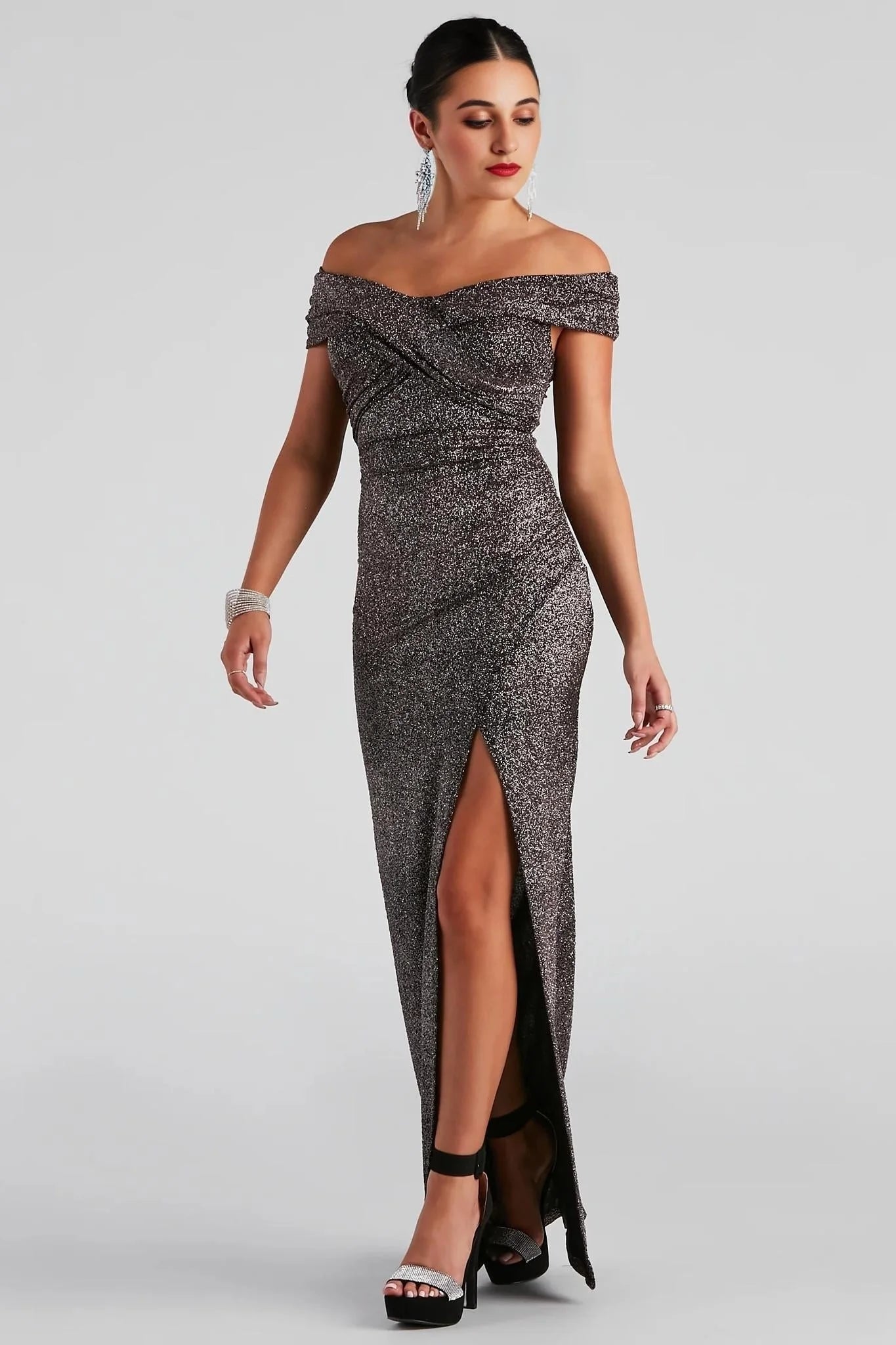 Bebe Formal Glitter Wrap Dress