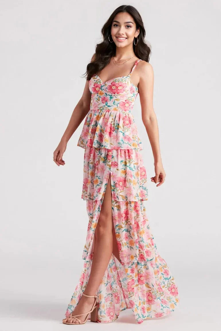 Sheryl Formal Floral Chiffon Ruffle Dress