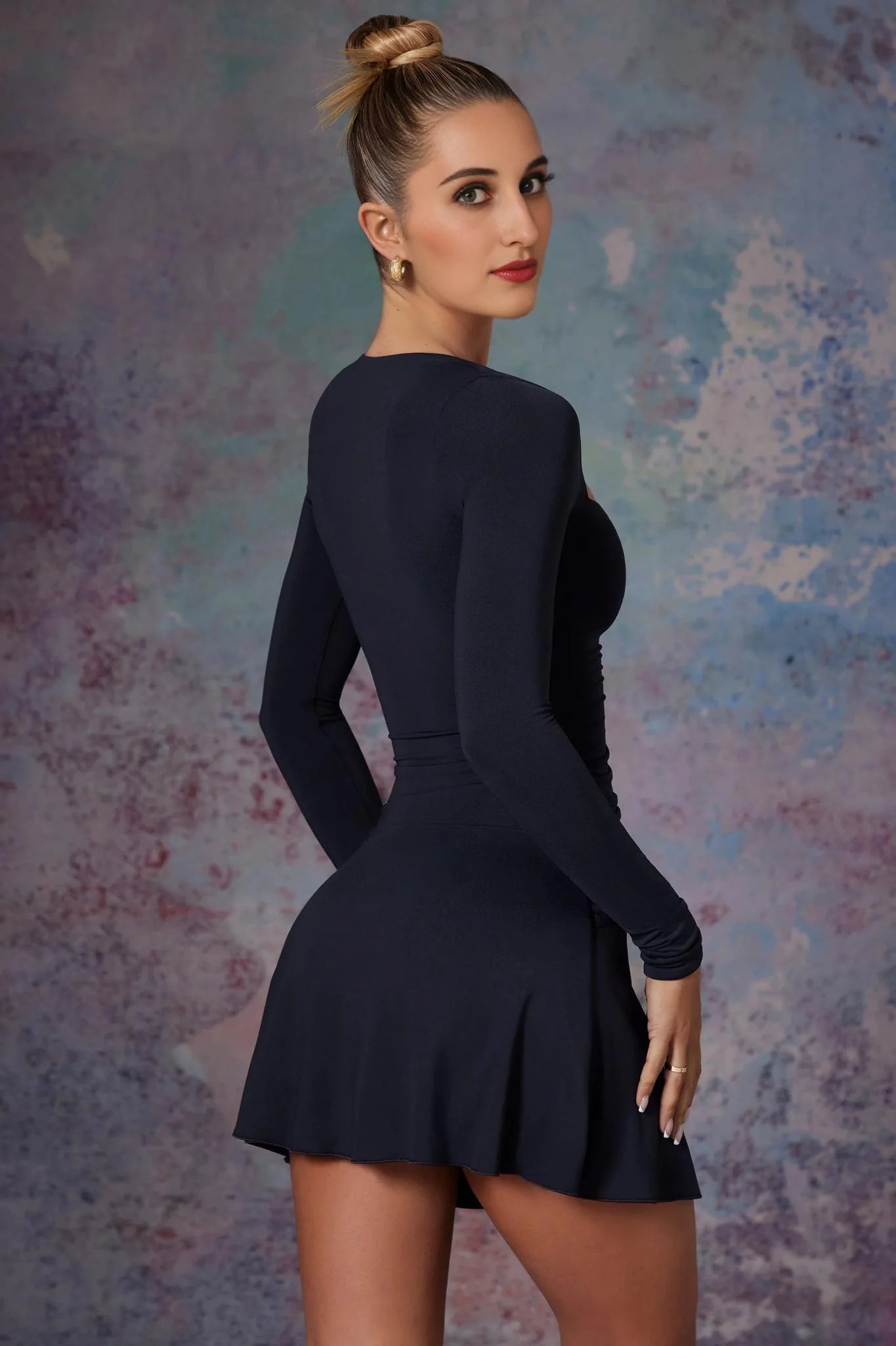 Long Sleeve Waterfall Skirt Mini Dress in Midnight Black