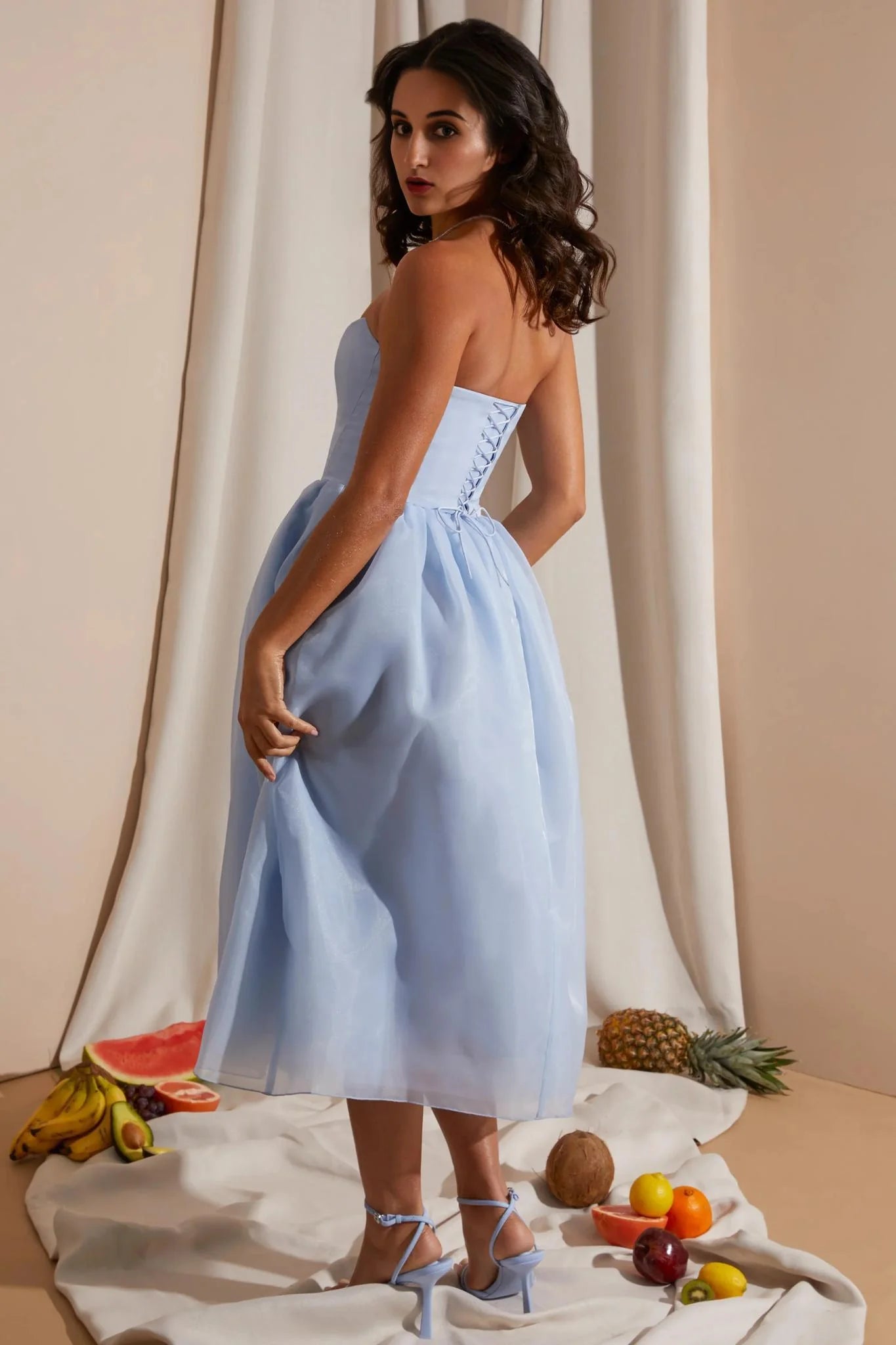 Strapless Corset Tulle Midi Dress in Blue