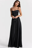 Sexy Square Neck Pintuck Trim Lace Up Back Satin Slip Maxi Dress - Black