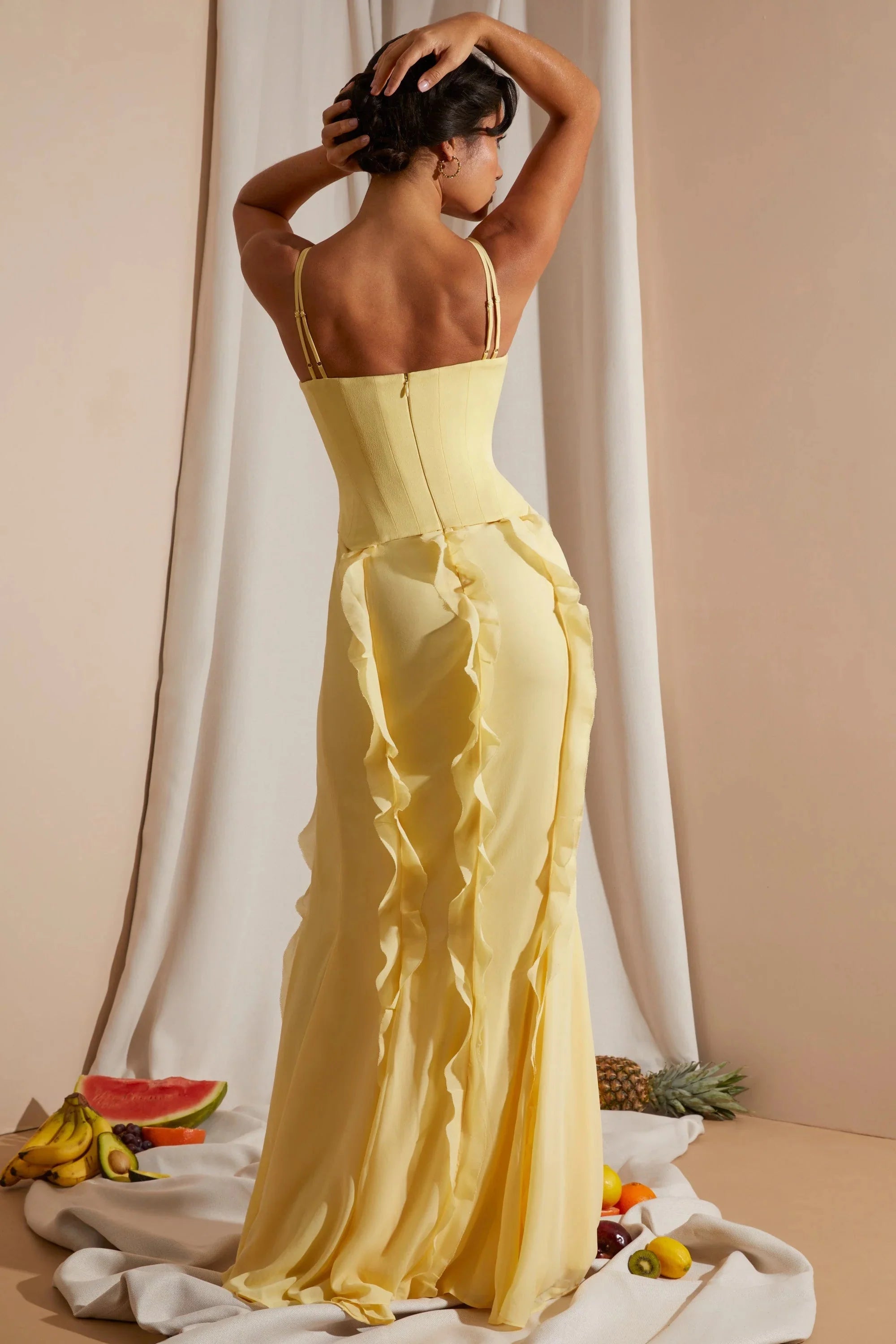 Corset Frill Skirt Maxi Dress in Yellow