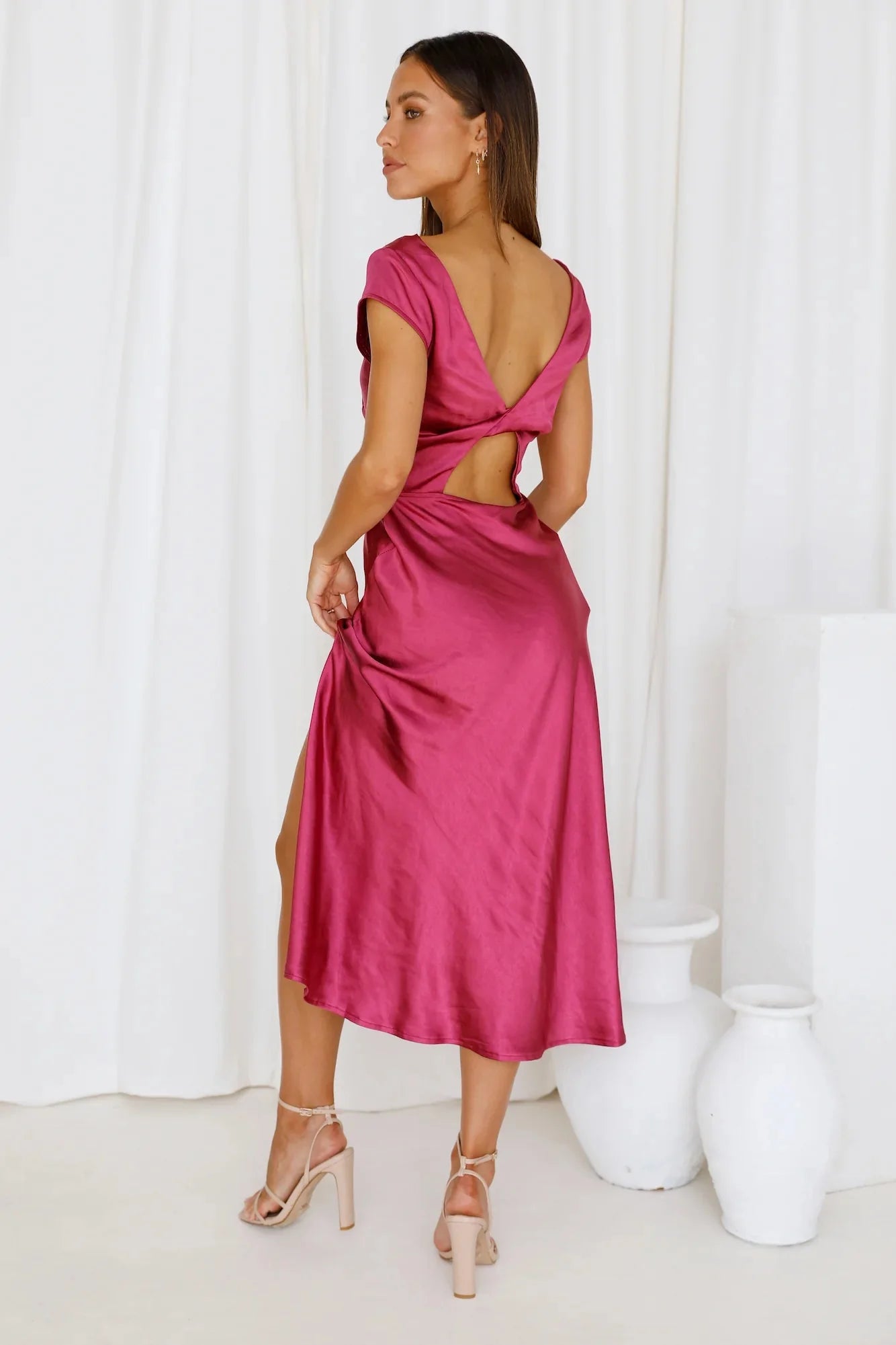 Get In Formation Satin Midi Dress Pink