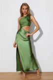 Poker Faced Satin Maxi Dress Green