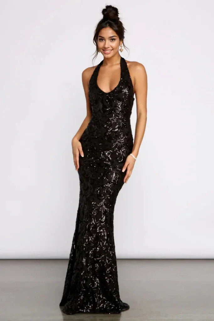 Haven Formal Sequin Scroll Halter Dress