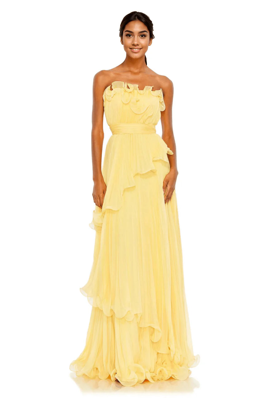 Pleated Tiered Ruffled Strapless Gown