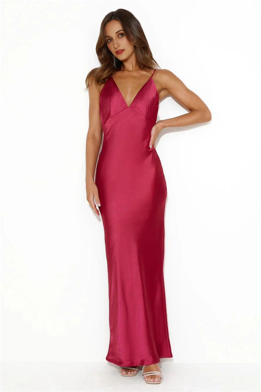 Nights Under Stars Satin Maxi Dress Berry