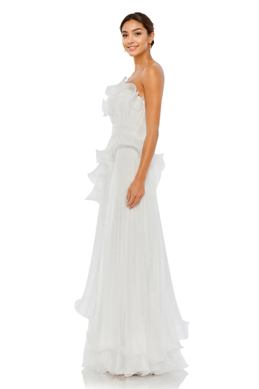 Pleated Tiered Ruffled Strapless Gown