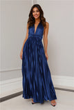 Shimmering Sea Pleated Halter Maxi Dress Navy