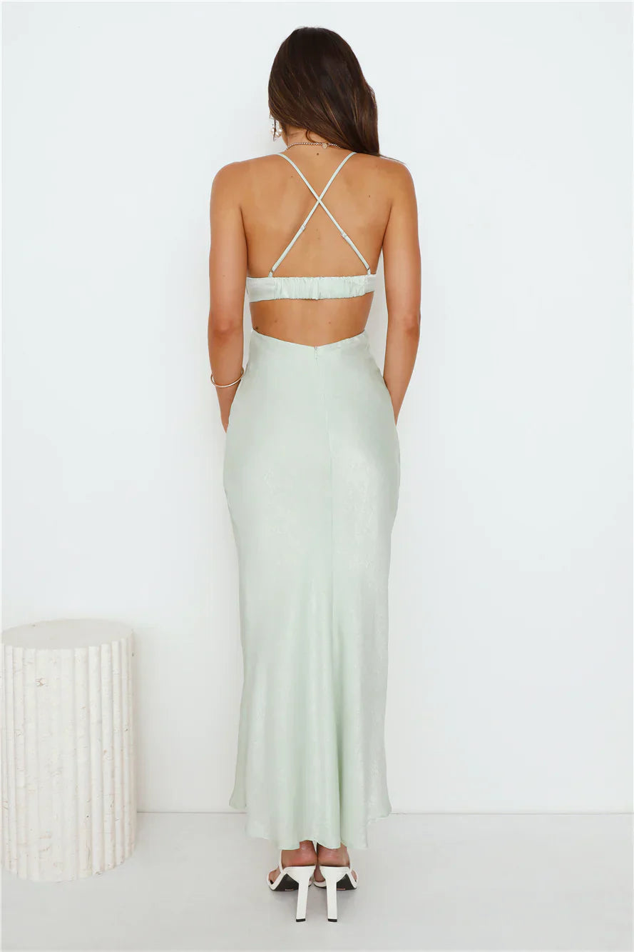 Magic In Her Vibe Satin Maxi Dress Sage