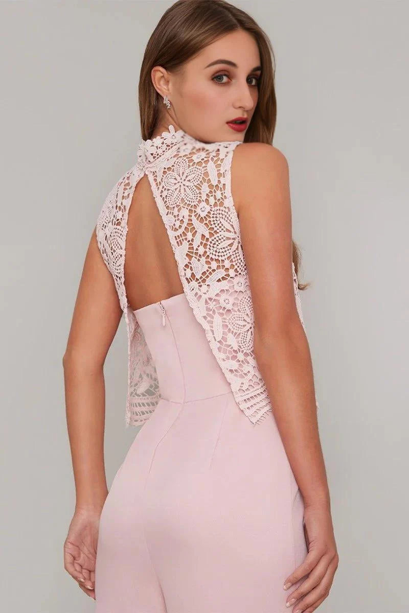 High Neck Lace Overlay Wide Leg Jumpsuit in Pink