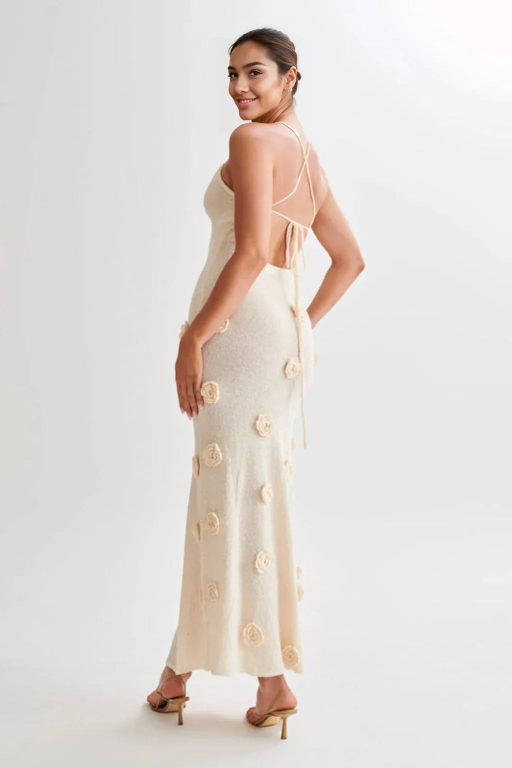 Suki Crochet Maxi Dress With Flowers - Nude