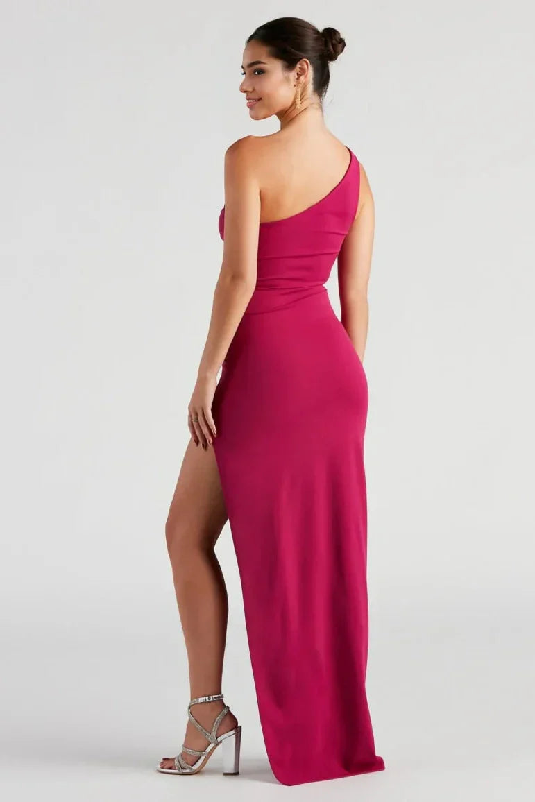 One-Shoulder Cutout Slit Formal Dress