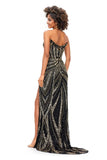 Ashley Lauren Long Fitted V Neck Slit Beaded Sequin Prom Dress Pageant Gown