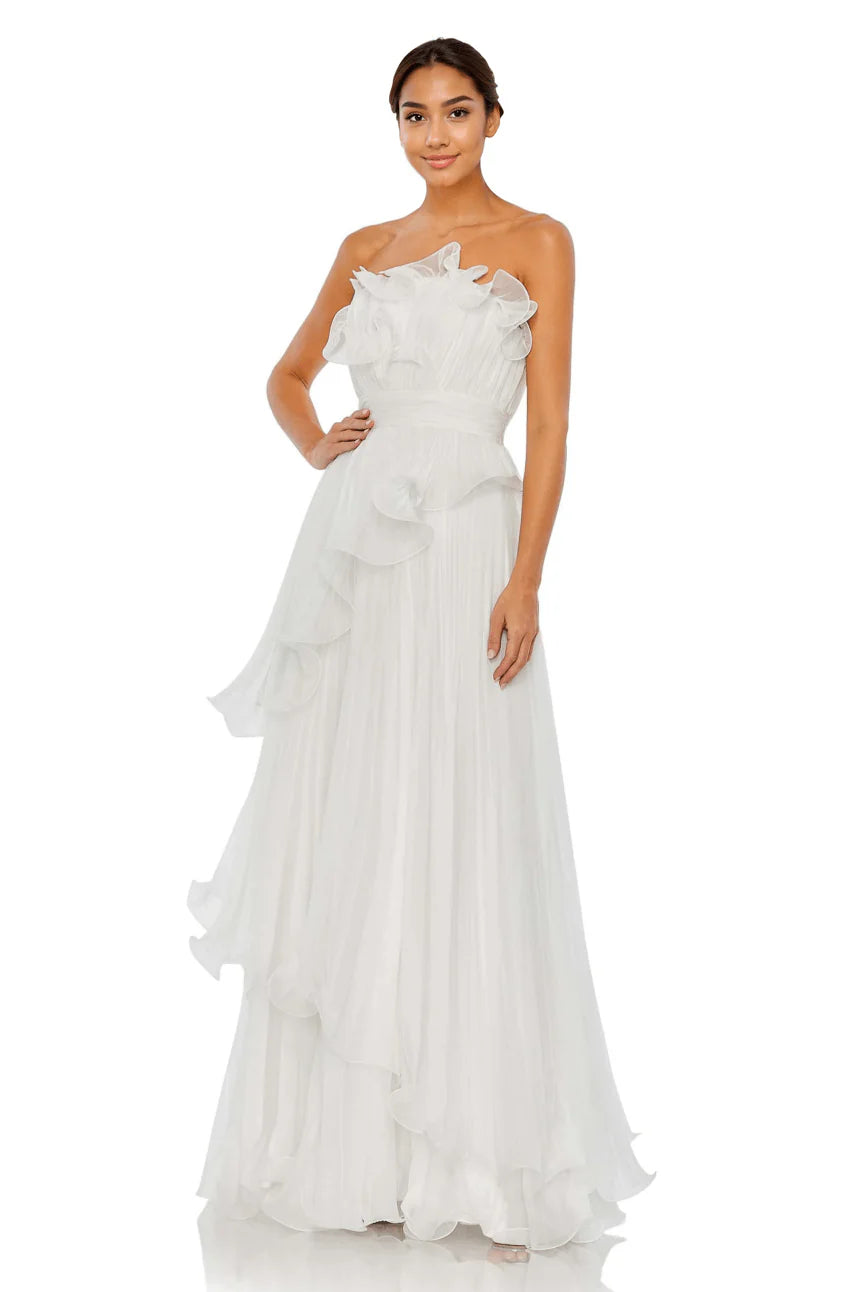 Pleated Tiered Ruffled Strapless Gown