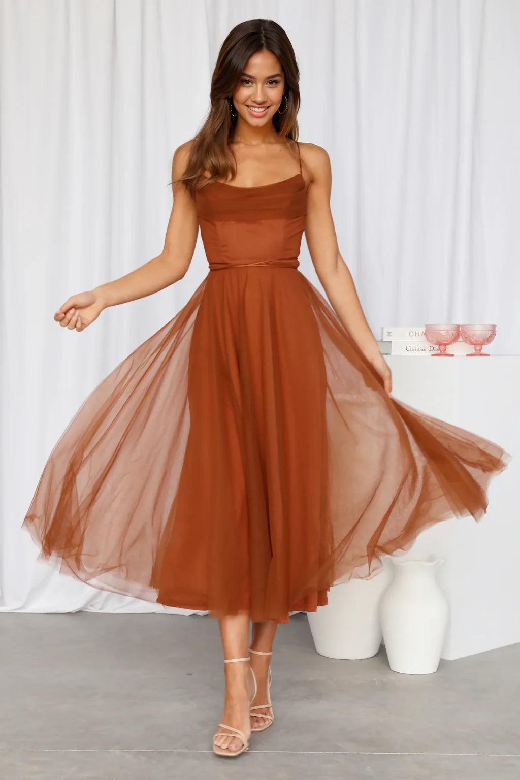 Signal My Way Tulle Midi Dress Chocolate