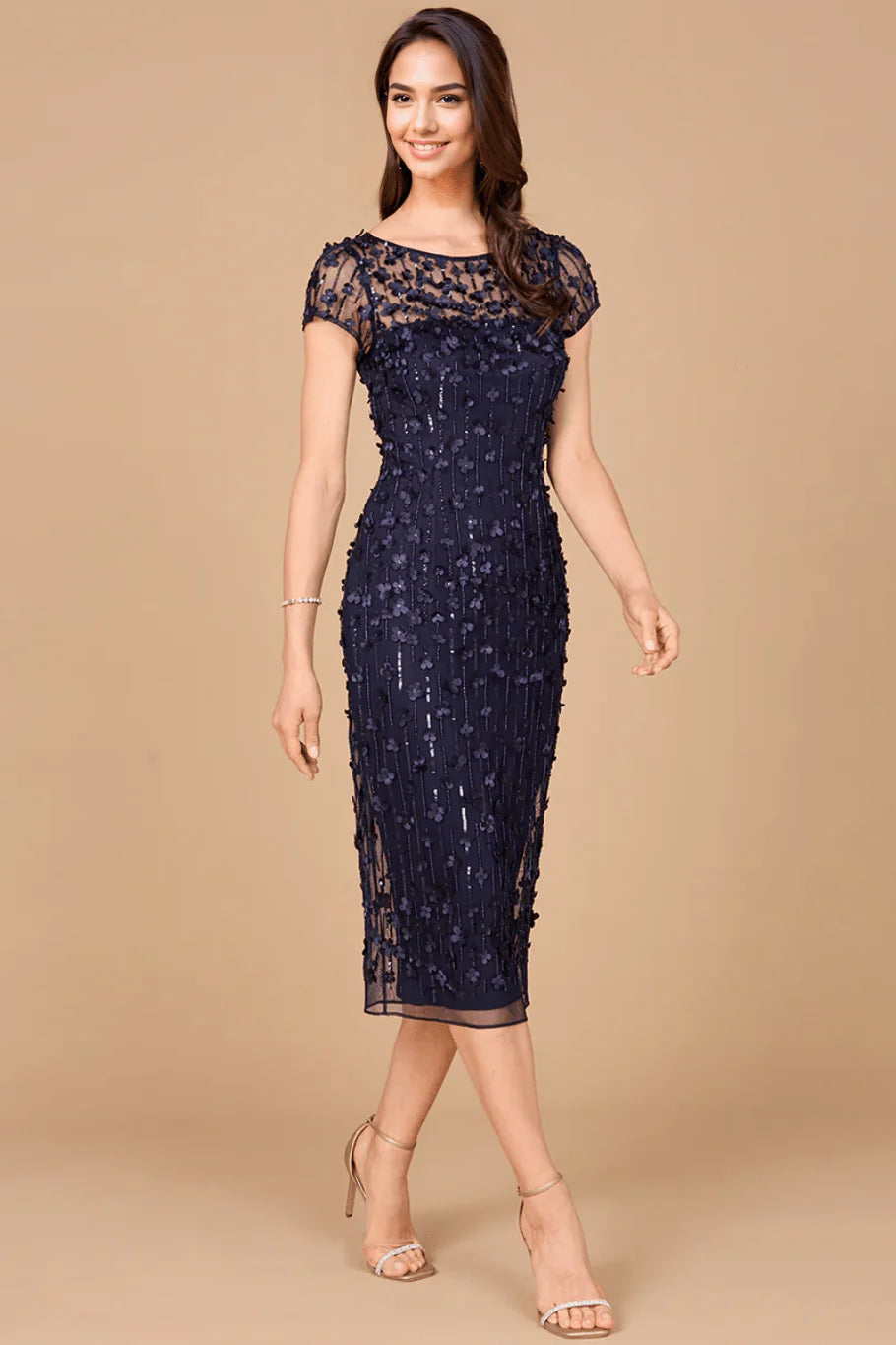 Applique Midi Dress with Cap Sleeves