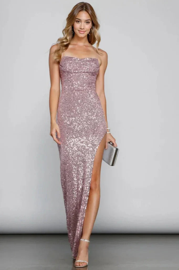 Fatima Sequin Cowl Neck Bodycon Formal Dress