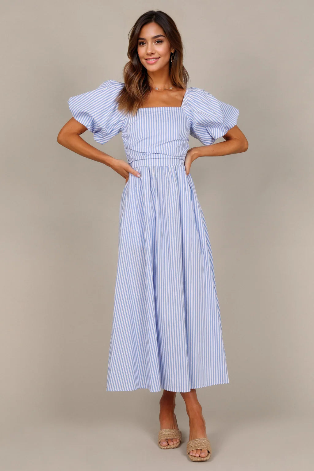 Clo Puff Sleeve Midi Dress - Blue Stripe