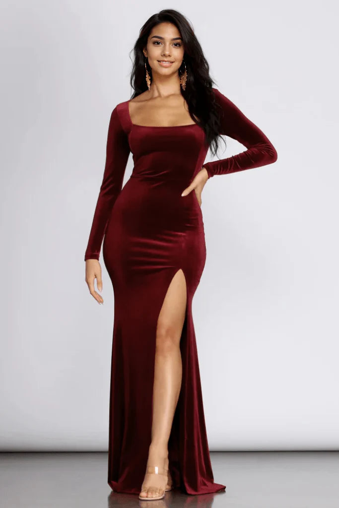 Coretta Velvet Evening Gown Burgundy