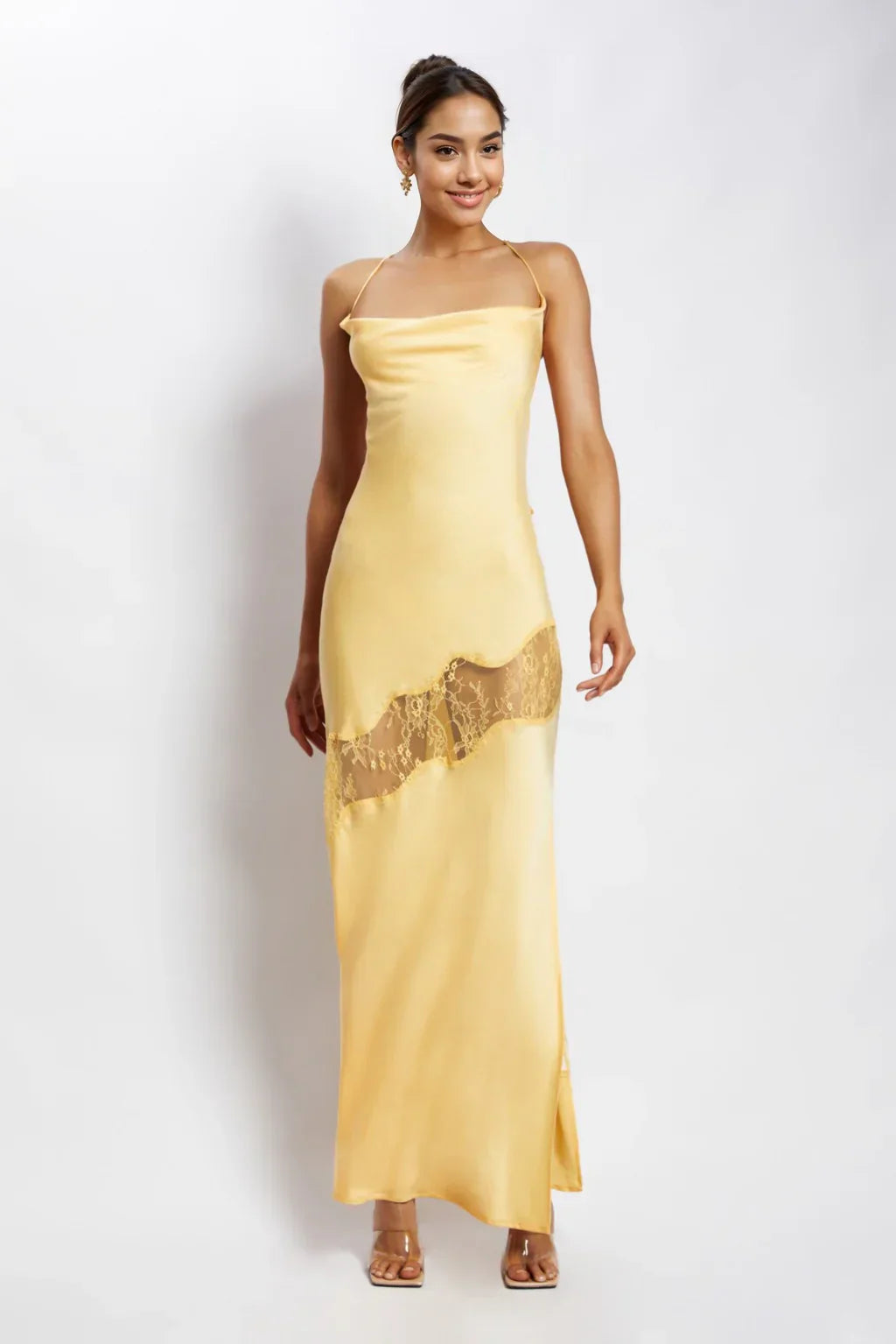 Chandra Lace Detail Satin Maxi Dress - Lemon