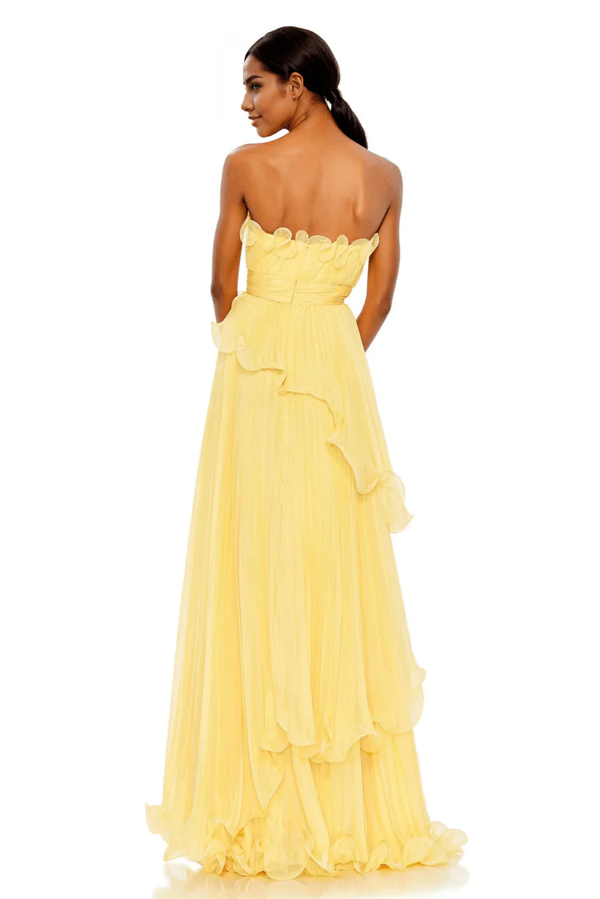 Pleated Tiered Ruffled Strapless Gown