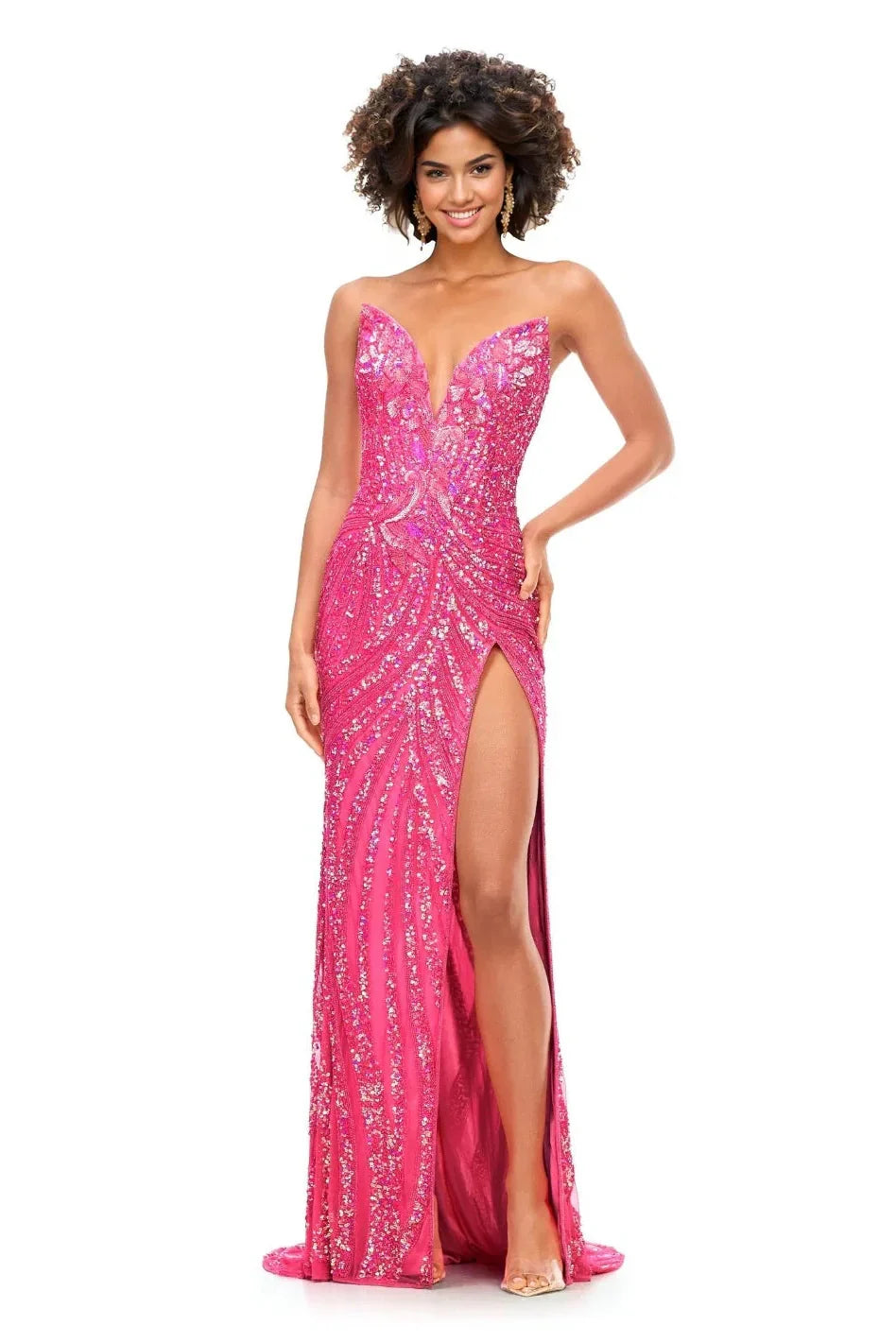 Ashley Lauren Long Fitted V Neck Slit Beaded Sequin Prom Dress Pageant Gown