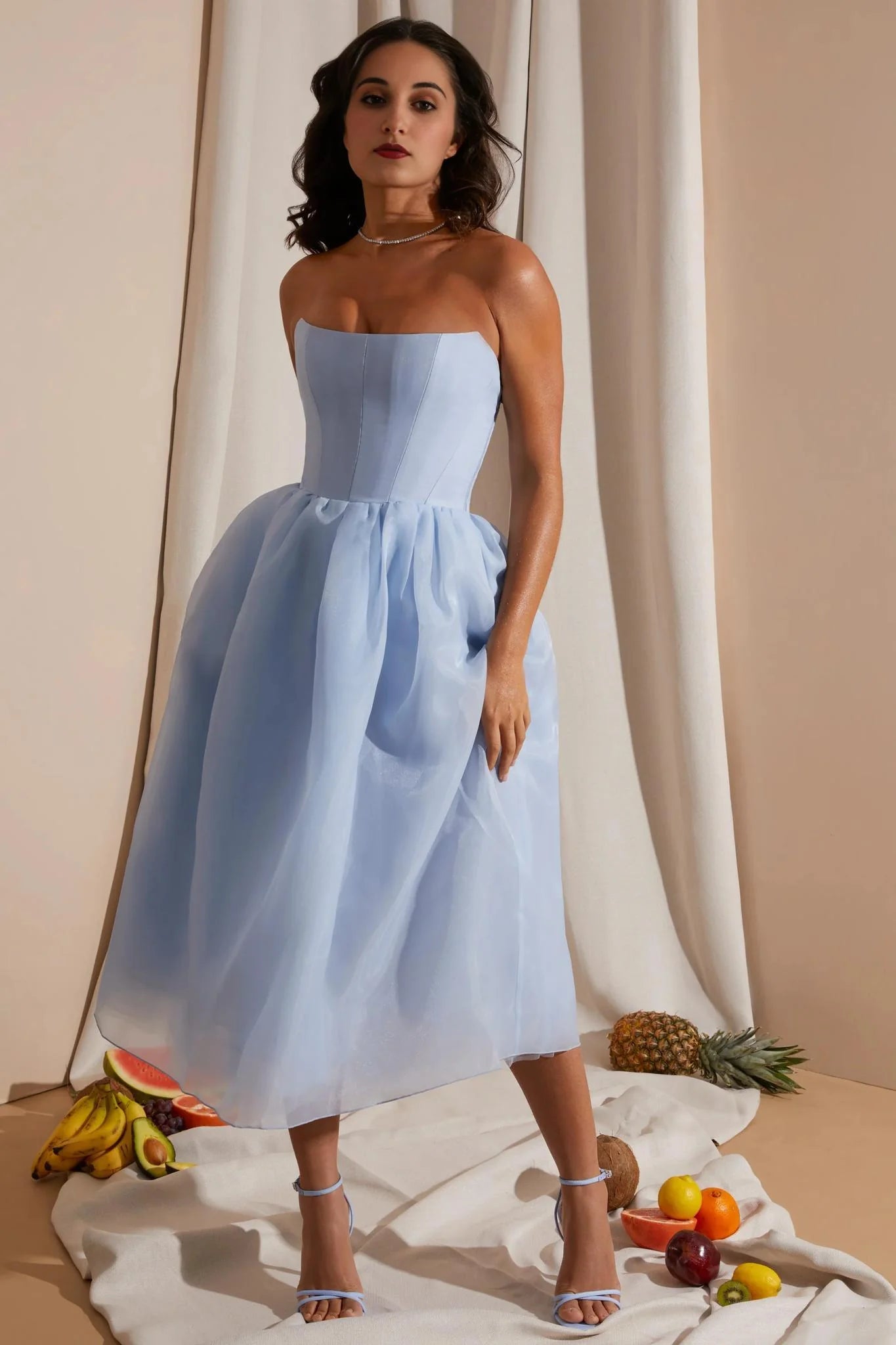 Strapless Corset Tulle Midi Dress in Blue