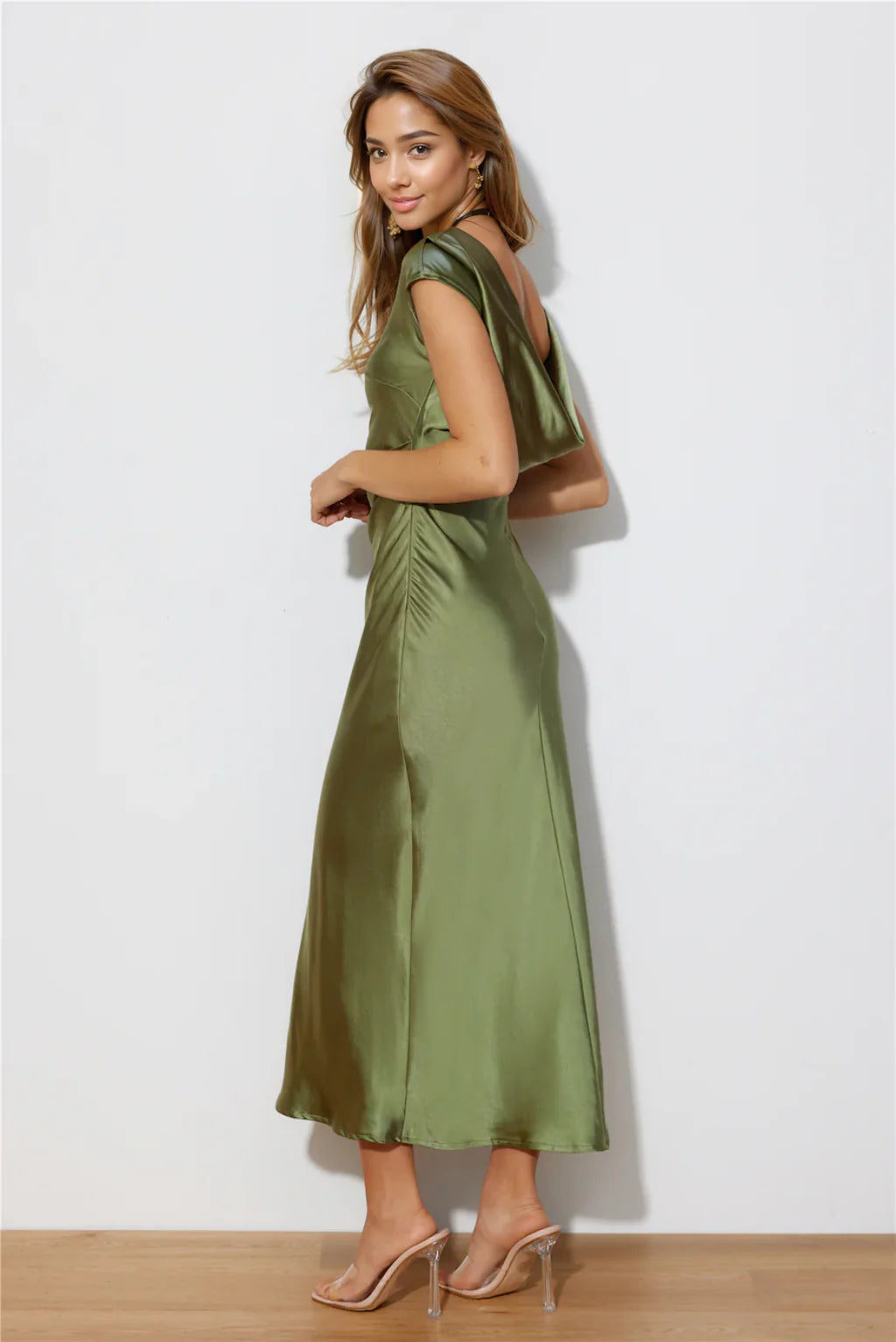 Faithful Nights Satin Midi Dress Olive