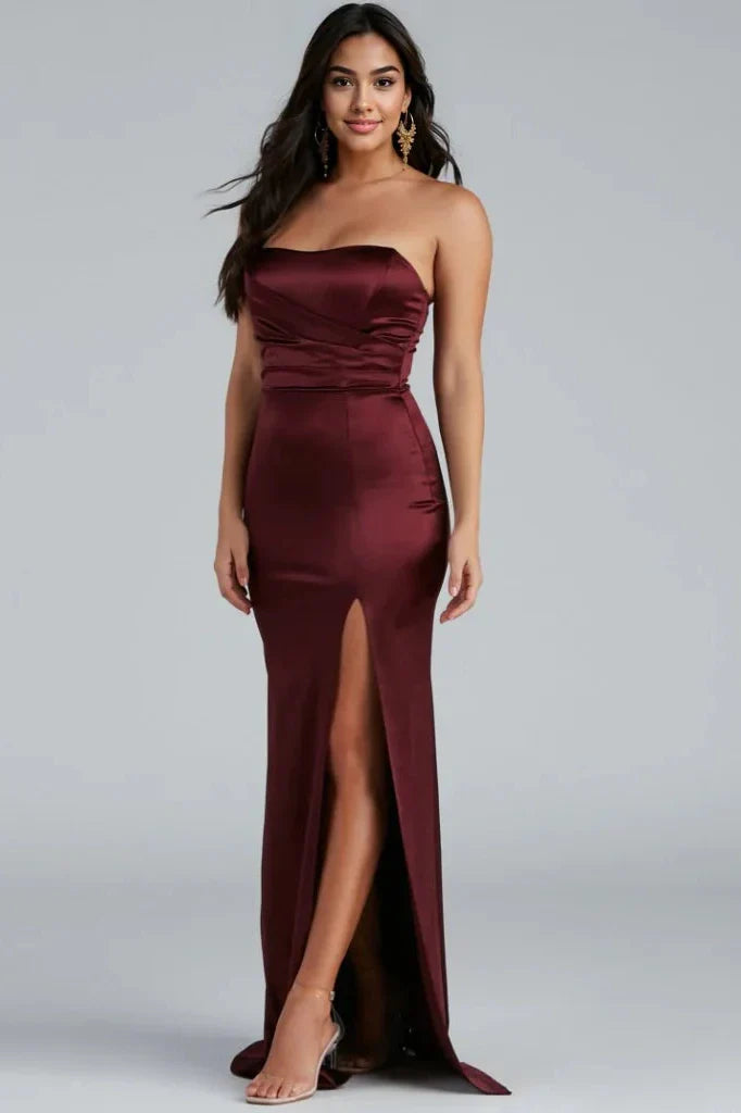 Gianna Strapless High-Slit Satin Dress