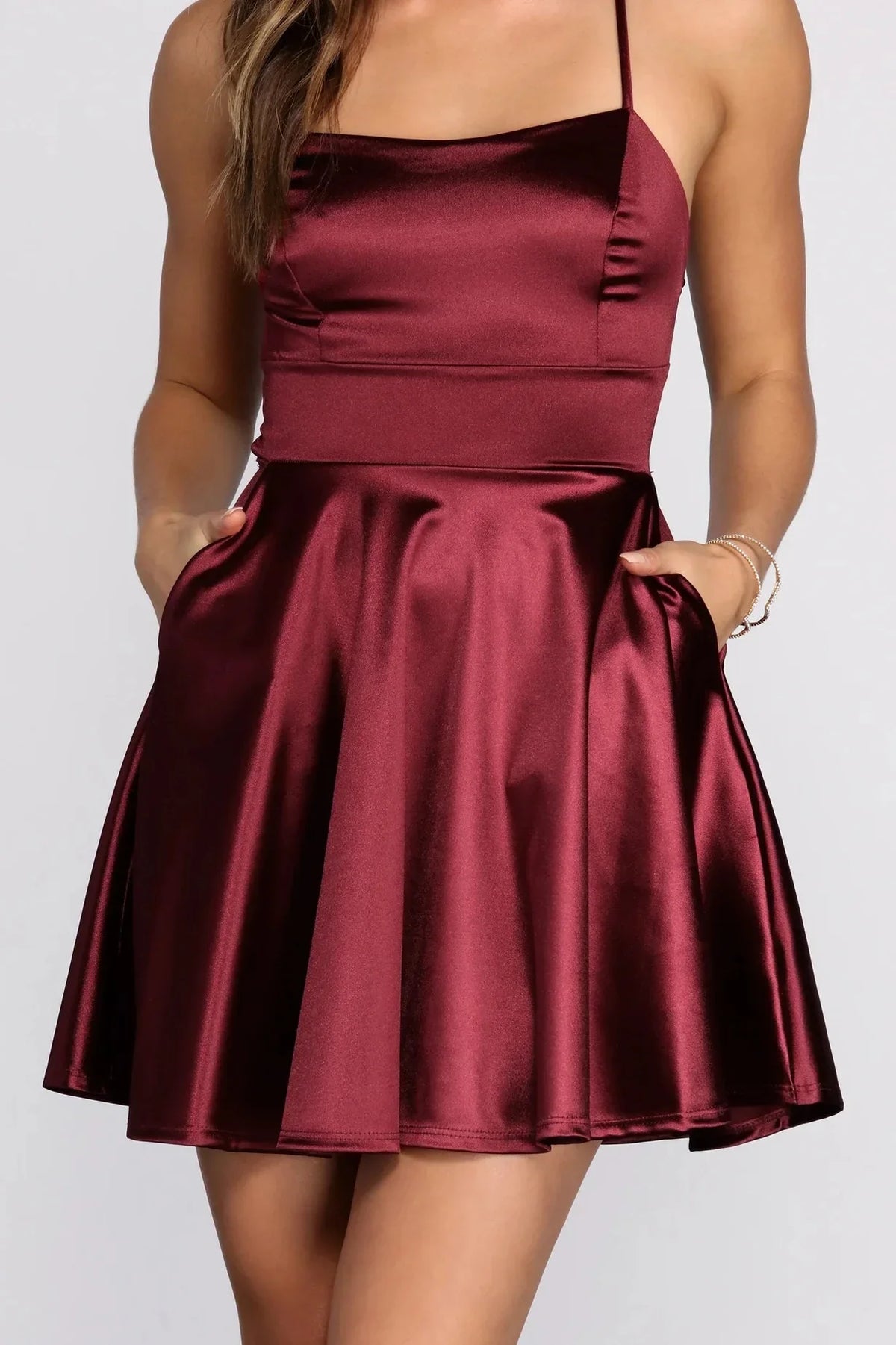 Stylish Satin Skater Dress Burgundy