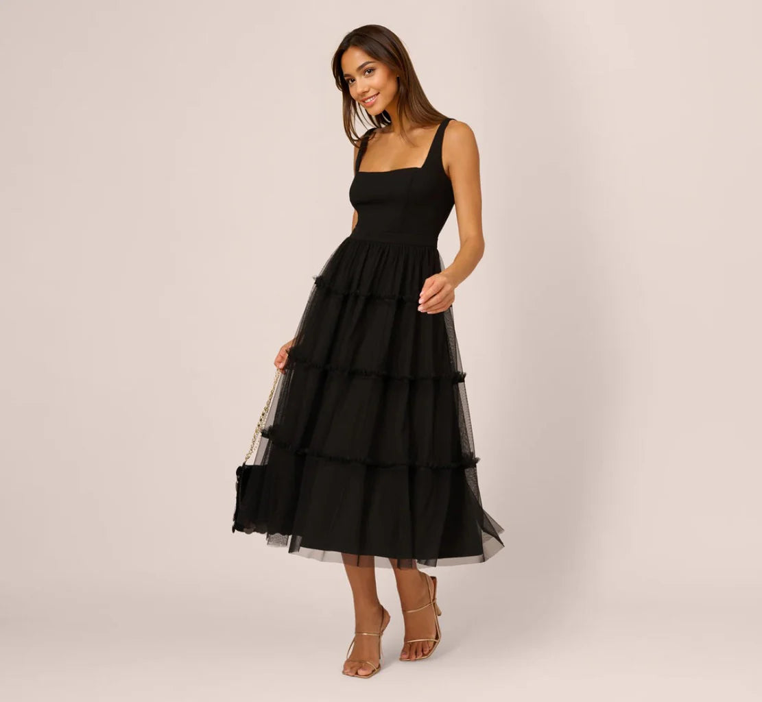 Sleeveless Midi Dress With Square Neck And Tiered Skirt In Black