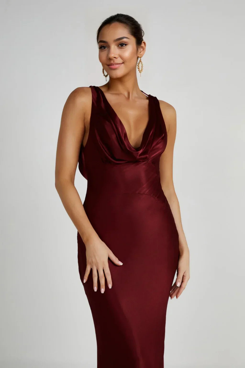 Angelique Satin Cowl Back Maxi Dress - Berry