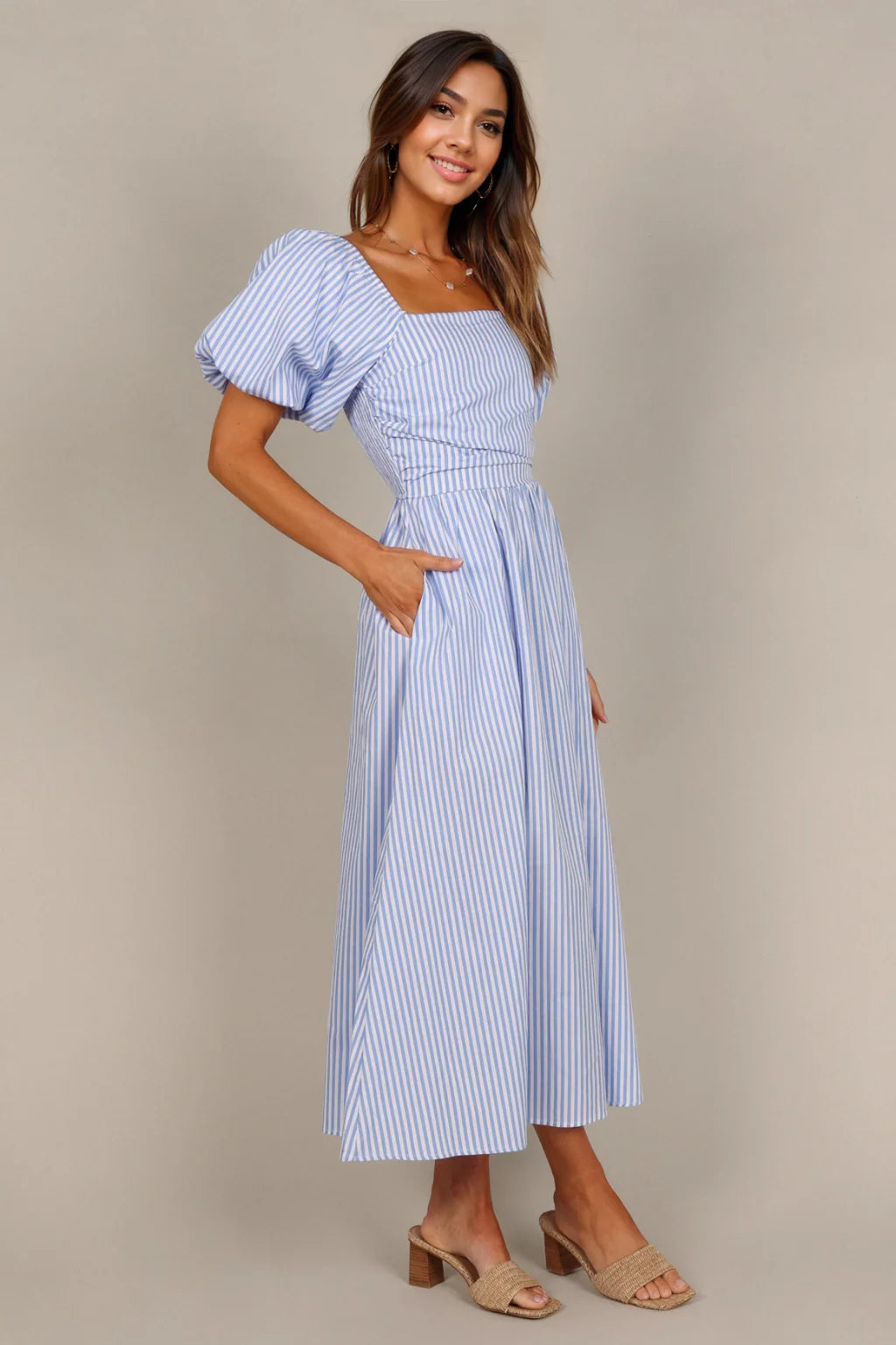 Clo Puff Sleeve Midi Dress - Blue Stripe