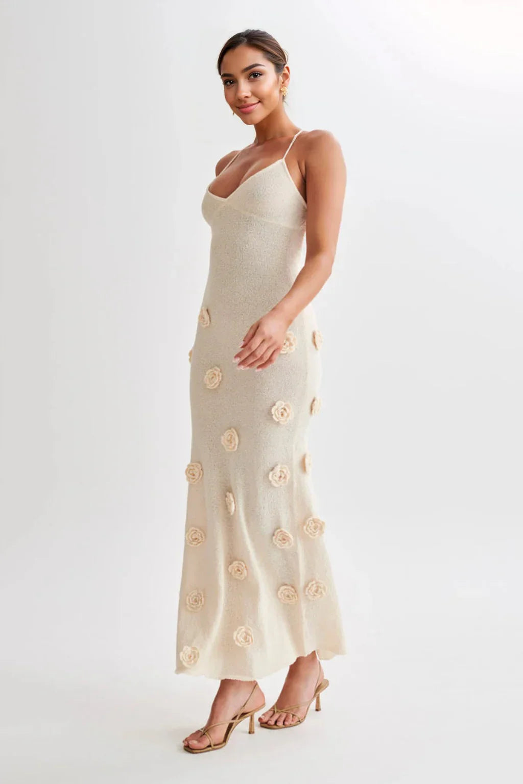 Suki Crochet Maxi Dress With Flowers - Nude