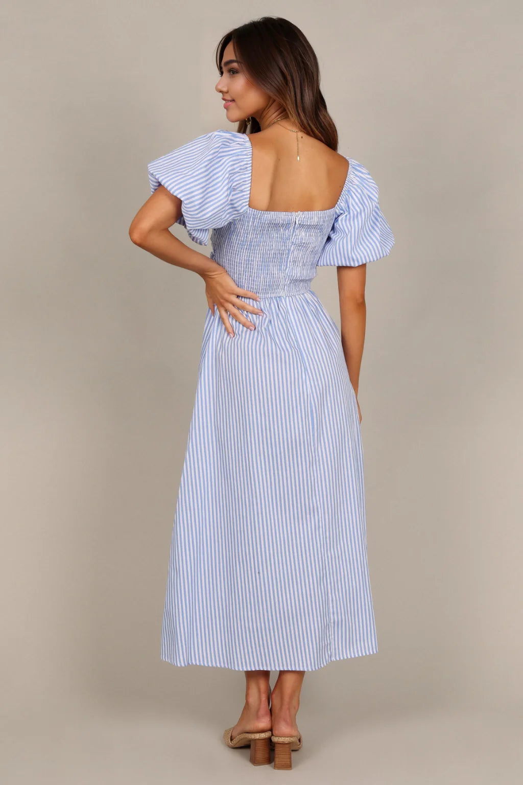 Clo Puff Sleeve Midi Dress - Blue Stripe