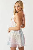 Pastel Rainbow Sequined Halter Neck Mini Dress