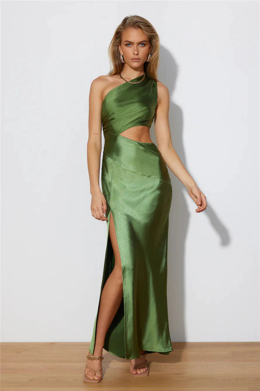 Poker Faced Satin Maxi Dress Green