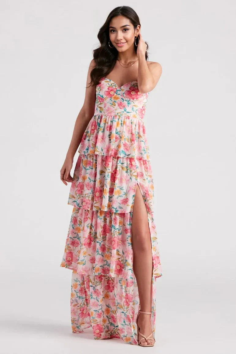 Sheryl Formal Floral Chiffon Ruffle Dress