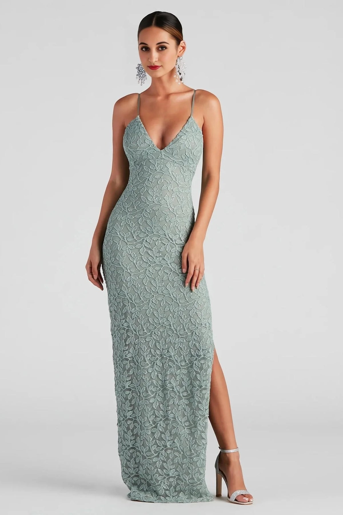 Marylou Lace Mesh Plunge Neck Formal Dress