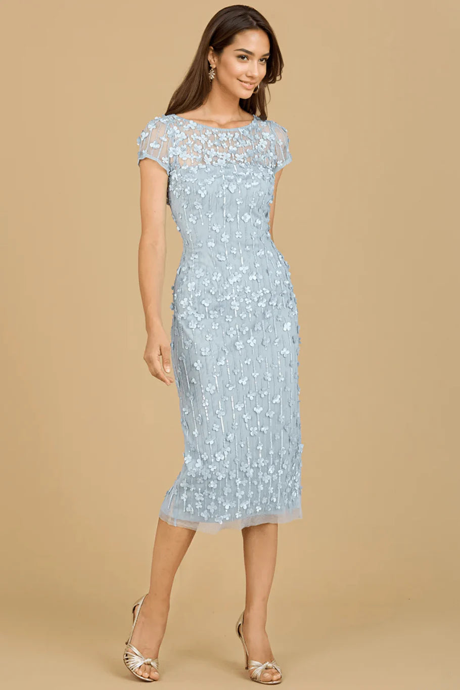 Applique Midi Dress with Cap Sleeves