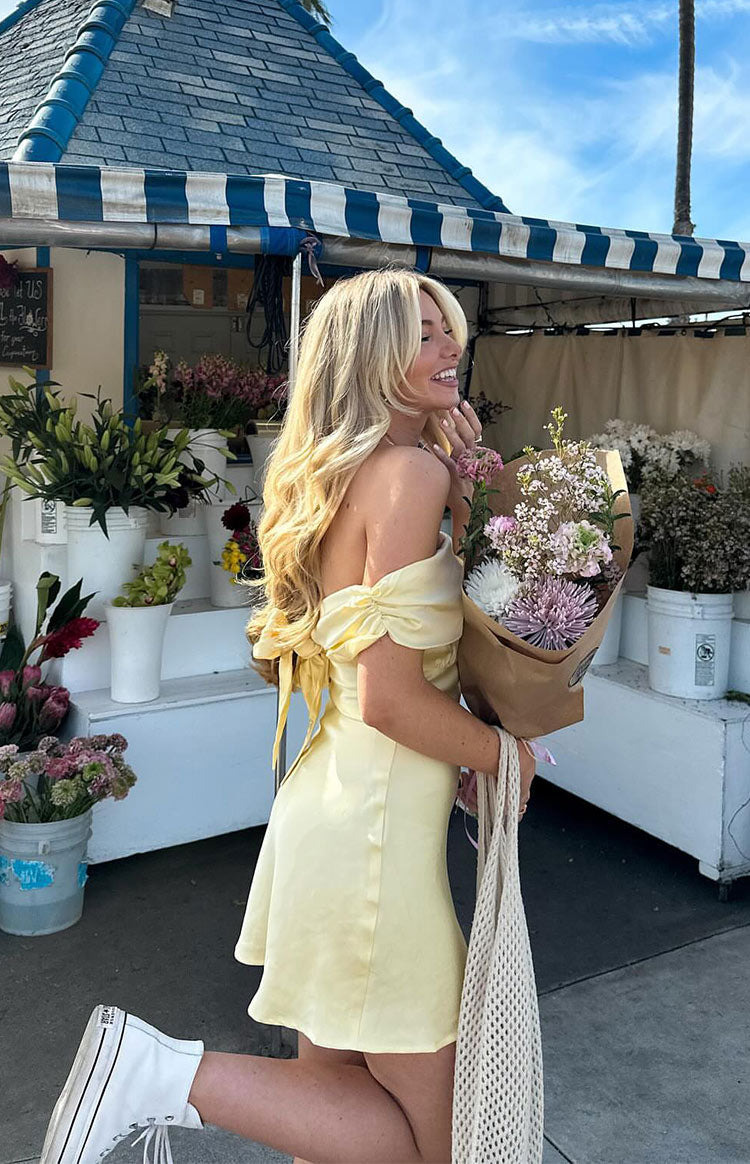 Primrose Yellow Satin Off the Shoulder Mini Dress